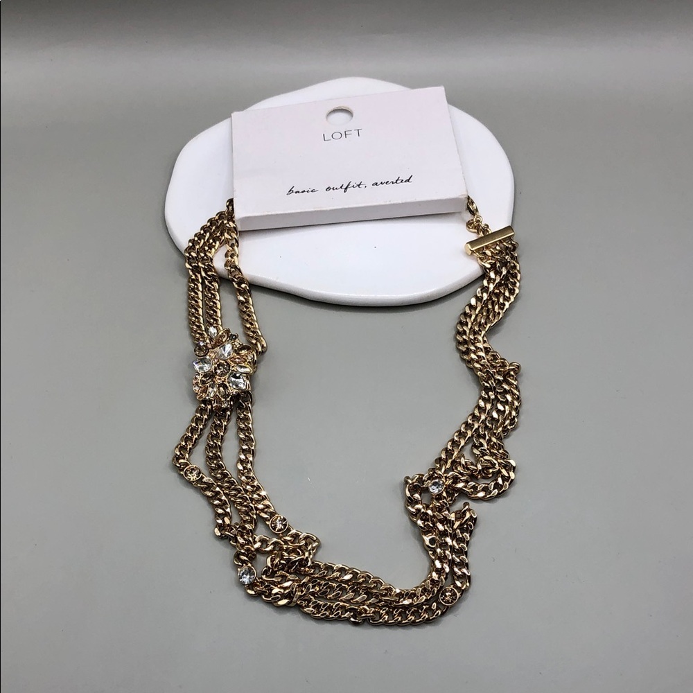 Loft multi chain necklace crystal flower station gold tone party dress up NEW.